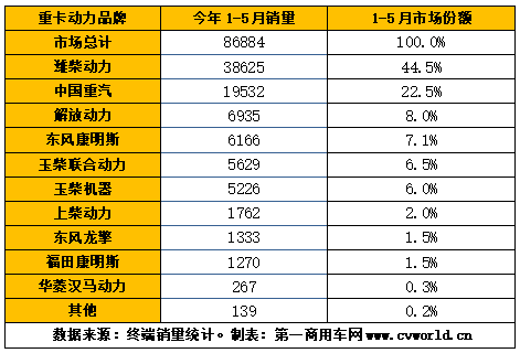 2020年1-5月国六重卡发动机销量排行（单位：台）
